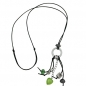 Preview: Halskette Ring Aluminium hellgrau Perlen altsilberfarben hellgrün Kordel schwarz 80cm