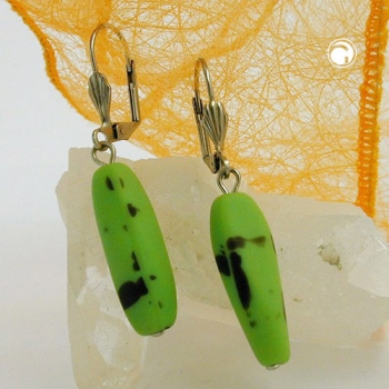 Ohrbrisuren Ohrhänger Ohrringe 45mm silberfarben mit olivenförmiger Glasperle kiwi-braun-schwarz