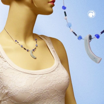 Halskette Drahtkette mit Glasperlen und Anhänger Sichel graublau Email 42cm