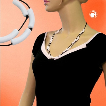 Halskette 2-reihig Walze weiß-matt mit Kordel schwarz 70cm