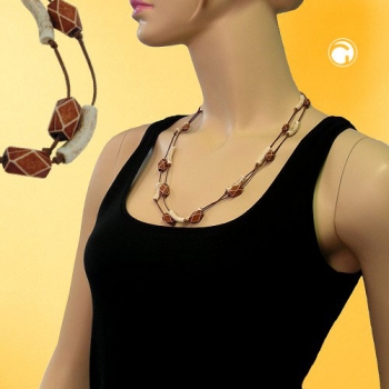 Halskette Kunststoffperlen elfenbeinfarbig braun Kordel braun 61cm