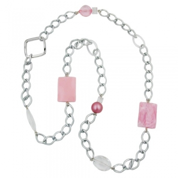 Halskette Kunststoffperlen rosa transparent Weitpanzerkette Aluminium hellgrau 95cm