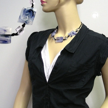 Halskette 3x 35x25mm-Viereck gewellt schwarz-weiß-grau-marmoriert Kordel 45cm