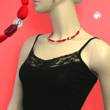 Halskette Drahtkette mit Glasperlen rot-geflammt 42cm