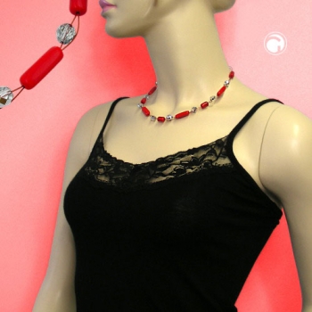 Halskette Drahtkette mit Glasperlen Walze rot und kristall silber-verspiegelt 45cm