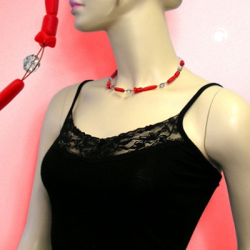 Halskette Drahtkette mit Glasperlen Olive rot und kristall silber-verspiegelt 45cm