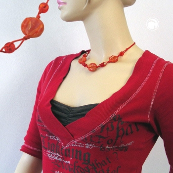Halskette 3x Scheibe Kunststoff hellrot-marmoriert Kordel rot 45cm