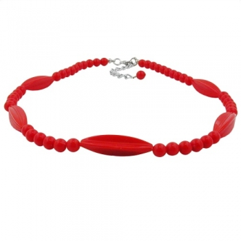 Halskette Rillenolive und Perle rot Kunststoff Verschluss silberfarbig 42cm, ohne Dekoration