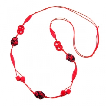 Halskette Kunststoffperlen Kieselstein rot-schwarz Kordel rot 100cm, ohne Dekoration