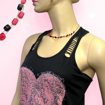 Halskette Drahtkette mit Glasperlen Würfel rosa und braun 42cm