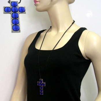 Halskette 69x42mm Zinn-Anhänger Kreuz mit 7x Glasstein blau-safir 110cm
