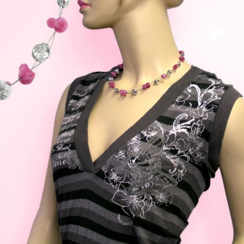 Halskette Drahtkette mit Glasperlen altrosa und silber-verspiegelt 42cm