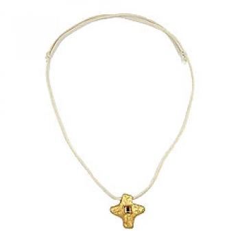 Halskette Anhänger Kreuz Metallguss matt-goldfarben Glasstein Kordel beige 70cm, ohne Dekoration