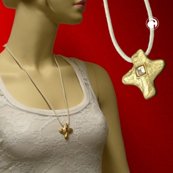 Halskette Anhänger Kreuz Metallguss matt-goldfarben Glasstein Kordel beige 70cm