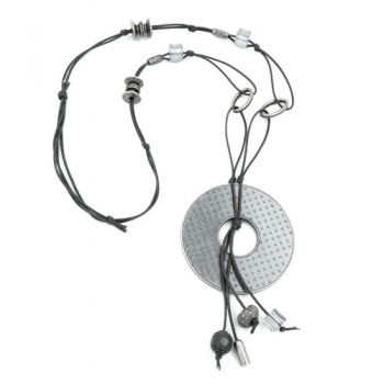 Halskette 77mm Kunststoffanhänger Lochring altsilberfarben Kordel grau 90cm