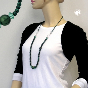 Halskette Kunststoffperlen grün-seidig-glänzend Ringe rhodiniert Kordel grün 90cm