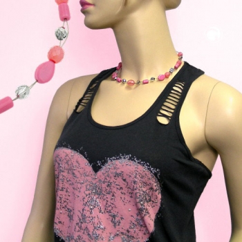 Halskette Drahtkette mit Glasperlen Olive rosa und silber-verspiegelt 42cm