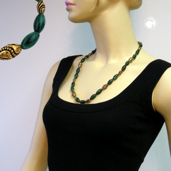 Halskette, Olive grün-marmoriert, altgoldfarben