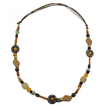 Halskette Kunststoffperlen Holzperlen braun Kordel hellbraun 90cm, ohne Dekoration