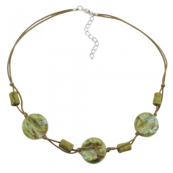 Halskette 3x Scheibe Kunststoff oliv-türkis-marmoriert Kordel olivgrün 45cm, ohne Dekoration