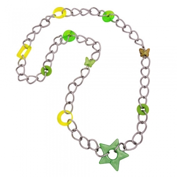 Halskette Kunststoffperlen neon-oliv-mint-grün Weitpanzerkette Aluminium hellgrau 80cm, ohne Dekoration