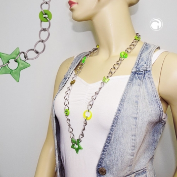 Halskette Kunststoffperlen neon-oliv-mint-grün Weitpanzerkette Aluminium hellgrau 80cm