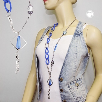 Halskette Kunststoffperlen blau transparent chromfarben Kettenglieder Aluminium 90cm