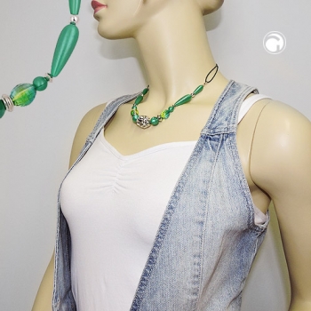 Halskette, Strukturperle chrom, seide grün