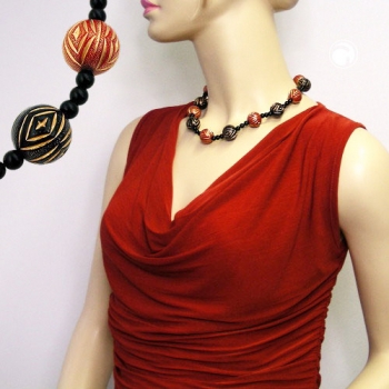 Halskette Schmuckperlen schwarz-rot-goldfarben 50cm