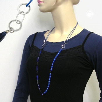 Halskette Kunststoffperlen blau Metallringe rhodiniert Kordel blau 90cm