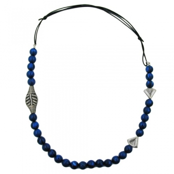 Halskette Kunststoff Perlenkette blau altsilber Kordel blau 80cm, ohne Dekoration