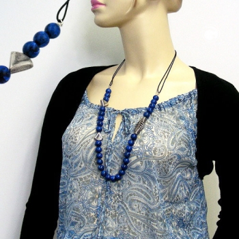 Halskette Kunststoff Perlenkette blau altsilber Kordel blau 80cm
