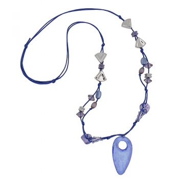 Halskette Kunststoffperlen blau transparent silberfarben Faustkeil Kordel blau 90cm, ohne Dekoration