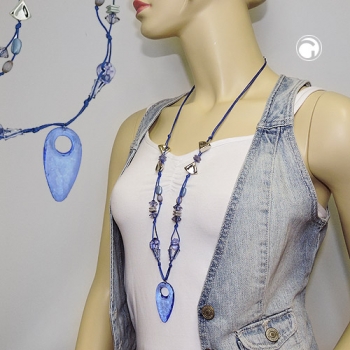 Halskette Kunststoffperlen blau transparent silberfarben Faustkeil Kordel blau 90cm