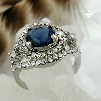 Ring, blauer Glasstein, rhodiniert