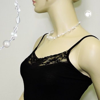 Halskette Drahtkette Spiralperle weiß-matt weiß-transparent Kunststoffperlen 42cm