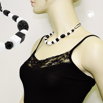 Halskette Kunststoffperlen Schneckenperlen und Kordel schwarz weiß Kordel 45cm