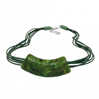Halskette 54x19mm Anhänger Rohr flach gebogen grün-marmoriert glänzend Kunststoff 45cm