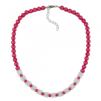 Kette Kunststoff-Perlen rot seidig-glänzend Walzenperle kristal AB 45cm, ohne Dekoration