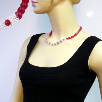 Halskette Kunststoff-Perlen rot seidig-glänzend Walzenperle kristal AB 45cm
