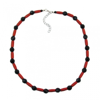 Halskette Kunststoffperlen schwarz-glänzend und rot-metallic matt 50cm, ohne Dekoration