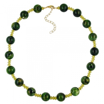 Halskette Kunststoffperlen grün-gold-marmoriert oliv-gelb-transparent 45cm