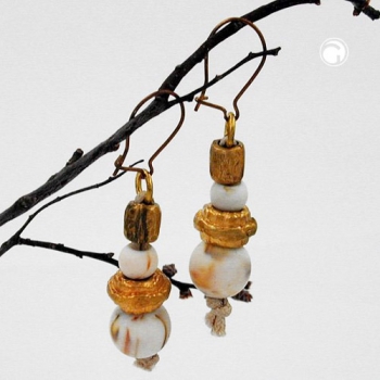 Ohrhaken Ohrringe Ohrhänger 48x8mm Perlen natur-marmoriert und high-goldfarben Kunststoff
