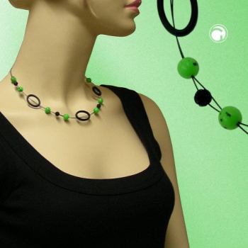 Halskette Drahtkette 3x schwarz ovale Ringe und Fadenperle grün Kunststoffperlen 45cm