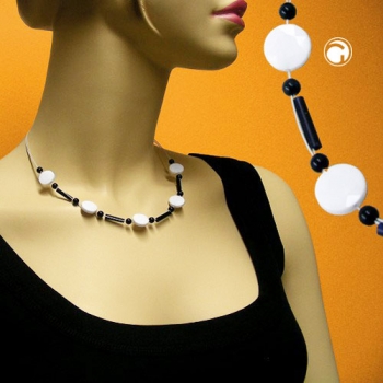Halskette Drahtkette Schliff-Linse schwarz-weiß Kunststoffperlen 45cm
