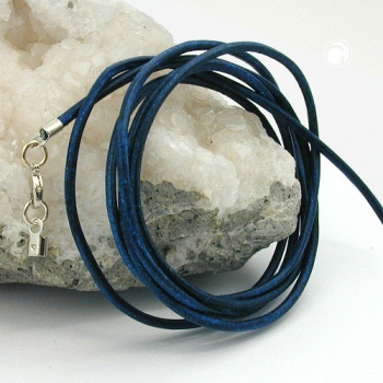 Lederband Rundschnur Rindleder 2mm blau gefärbt mit 1x Verschluss silberfarbig ca. 1m