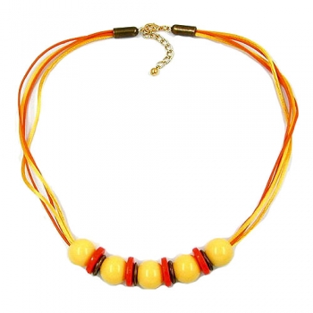 Halskette, 5x Perle gelb orange altmessingfarben, ohne Dekoration