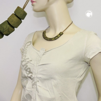 Halskette Schrägperle Kunststoff olivgrün-marmoriert Kordel hellbraun 45cm