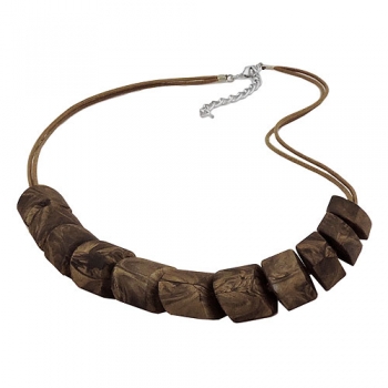 Halskette Schrägperle Kunststoff dunkelbraun-marmoriert Kordel hellbraun 45cm, ohne Dekoration
