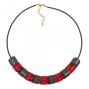 Halskette Schrägperle Kunststoff rot-transparent und schlammfarben Vollgummi schwarz 45cm